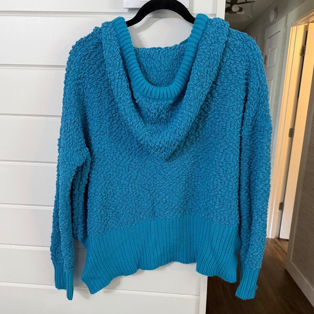 POL Teal Blue Popcorn Knit Hoodie Sweater Textured Oversized Pullover Small - Picture 6 of 8